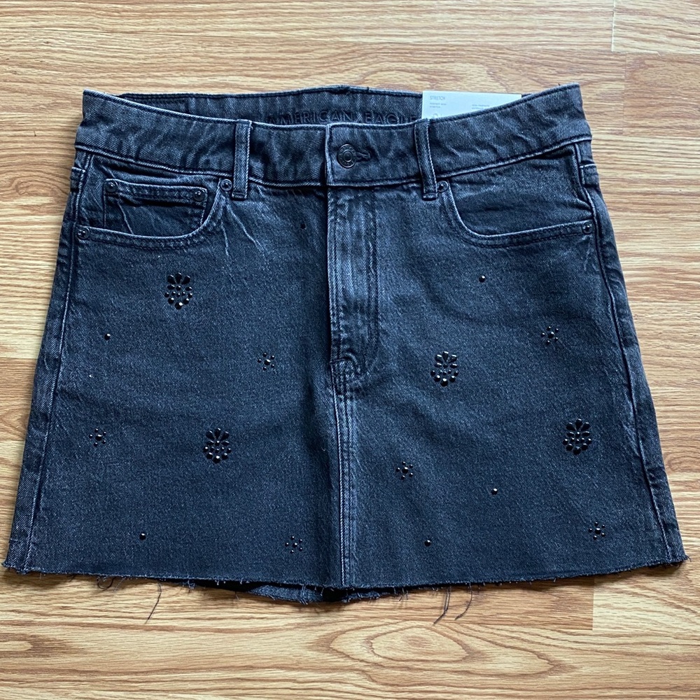 American Eagle Outfitters Black Studded Floral Cutout Denim Mini Skirt